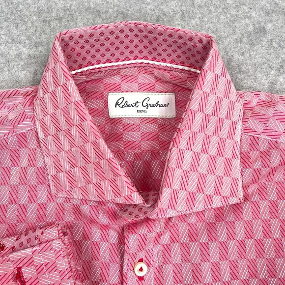 Robert Graham Shirt Mens 39 15.5 Med Pink Geometric Flip Cuff Collar Loud Bold - Picture 8 of 12